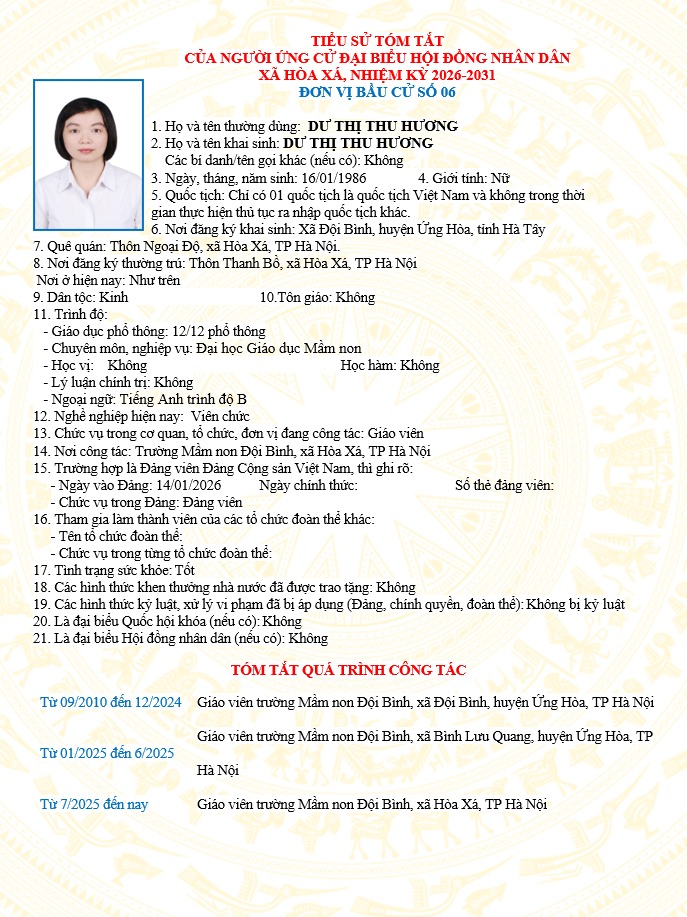 ĐƠN VỊ BẦU CỬ SỐ 06 XÃ HÒA XÁ 
DANH SÁCH CHÍNH THỨC NHỮNG NGƯỜI ỨNG CỬ ĐẠI BIỂU HỘI ĐỒNG NHÂN DÂN XÃ HÒA XÁ KHOÁ II, NHIỆM KỲ 2026-2031- Ảnh 4.