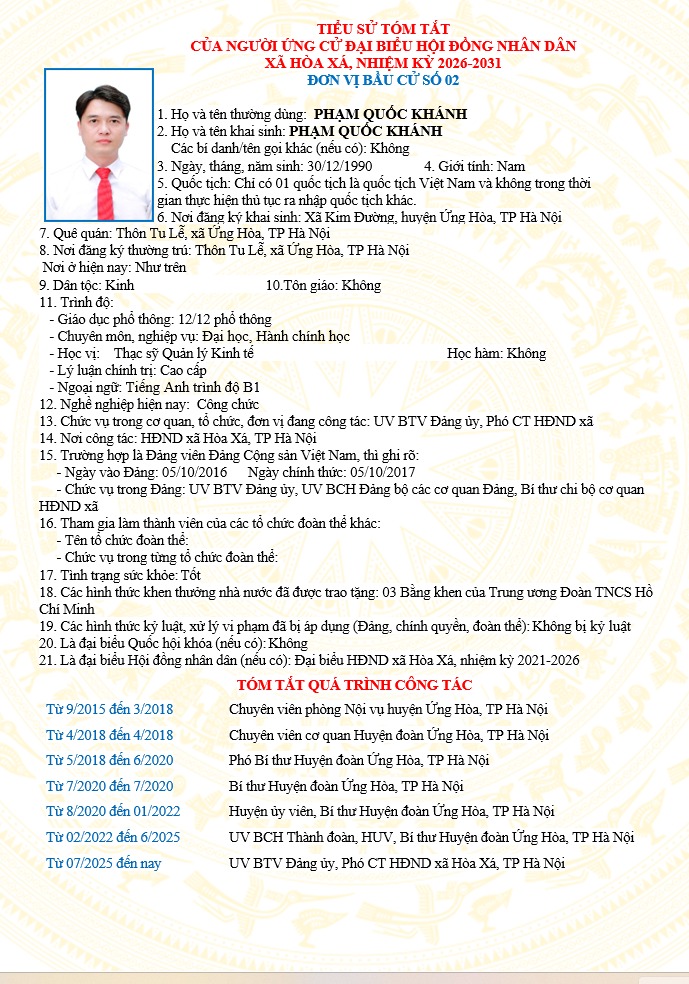 ĐƠN VỊ BẦU CỬ SỐ 02 XÃ HÒA XÁ 
DANH SÁCH CHÍNH THỨC NHỮNG NGƯỜI ỨNG CỬ ĐẠI BIỂU HỘI ĐỒNG NHÂN DÂN XÃ HÒA XÁ KHOÁ II, NHIỆM KỲ 2026-2031- Ảnh 5.