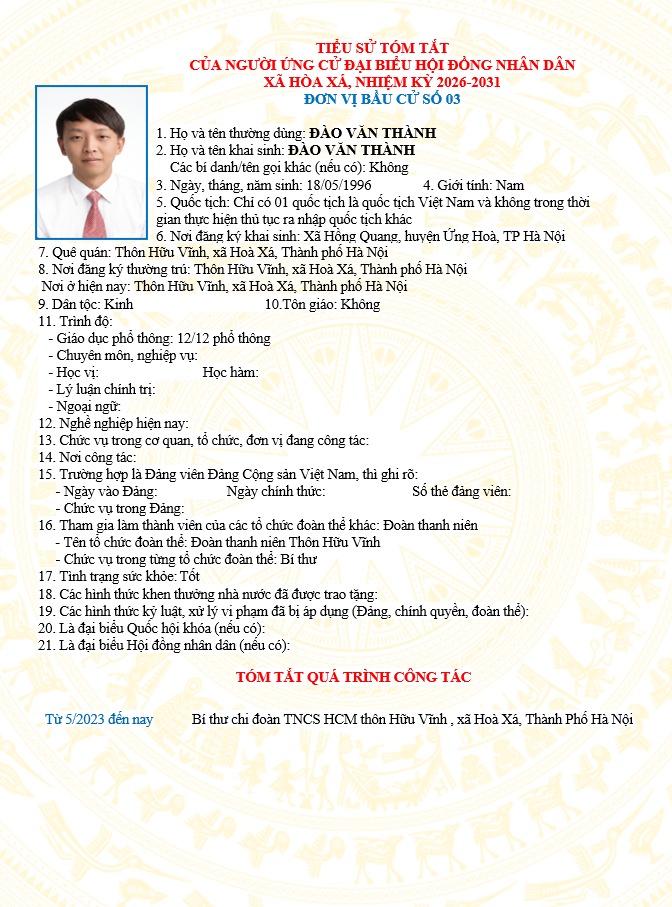 ĐƠN VỊ BẦU CỬ SỐ 03 XÃ HÒA XÁ 
DANH SÁCH CHÍNH THỨC NHỮNG NGƯỜI ỨNG CỬ ĐẠI BIỂU HỘI ĐỒNG NHÂN DÂN XÃ HÒA XÁ KHOÁ II, NHIỆM KỲ 2026-2031- Ảnh 5.