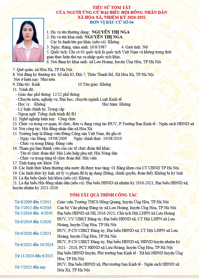 ĐƠN VỊ BẦU CỬ SỐ 04 XÃ HÒA XÁ 
DANH SÁCH CHÍNH THỨC NHỮNG NGƯỜI ỨNG CỬ ĐẠI BIỂU HỘI ĐỒNG NHÂN DÂN XÃ HÒA XÁ KHOÁ II, NHIỆM KỲ 2026-2031- Ảnh 5.