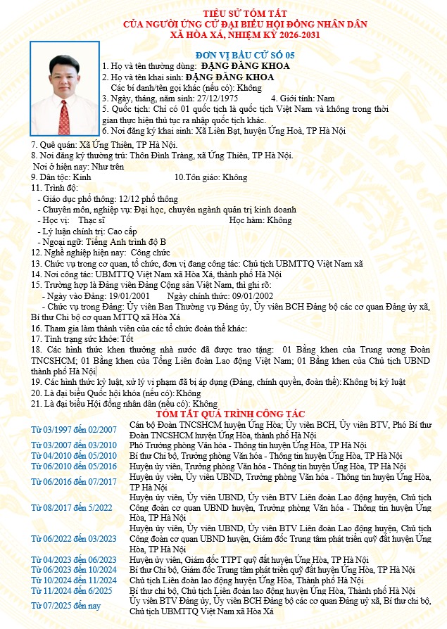 ĐƠN VỊ BẦU CỬ SỐ 05 XÃ HÒA XÁ 
DANH SÁCH CHÍNH THỨC NHỮNG NGƯỜI ỨNG CỬ ĐẠI BIỂU HỘI ĐỒNG NHÂN DÂN XÃ HÒA XÁ KHOÁ II, NHIỆM KỲ 2026-2031- Ảnh 5.