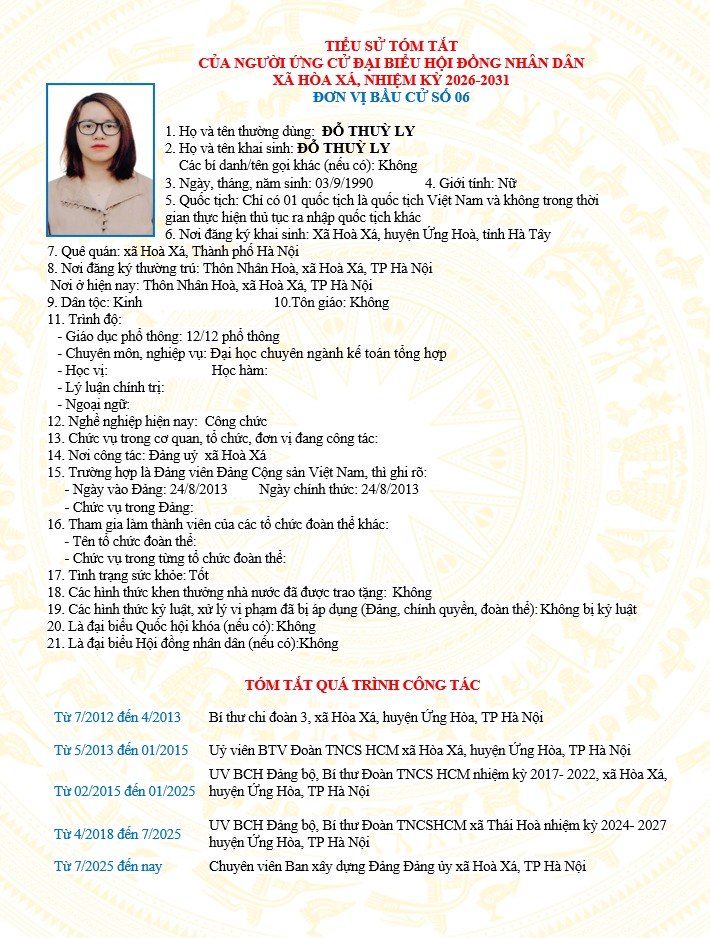 ĐƠN VỊ BẦU CỬ SỐ 06 XÃ HÒA XÁ 
DANH SÁCH CHÍNH THỨC NHỮNG NGƯỜI ỨNG CỬ ĐẠI BIỂU HỘI ĐỒNG NHÂN DÂN XÃ HÒA XÁ KHOÁ II, NHIỆM KỲ 2026-2031- Ảnh 5.