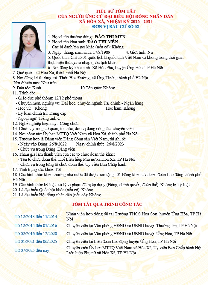 ĐƠN VỊ BẦU CỬ SỐ 02 XÃ HÒA XÁ 
DANH SÁCH CHÍNH THỨC NHỮNG NGƯỜI ỨNG CỬ ĐẠI BIỂU HỘI ĐỒNG NHÂN DÂN XÃ HÒA XÁ KHOÁ II, NHIỆM KỲ 2026-2031- Ảnh 6.