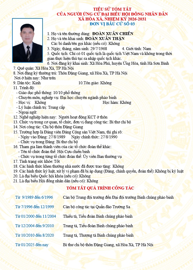 ĐƠN VỊ BẦU CỬ SỐ 03 XÃ HÒA XÁ 
DANH SÁCH CHÍNH THỨC NHỮNG NGƯỜI ỨNG CỬ ĐẠI BIỂU HỘI ĐỒNG NHÂN DÂN XÃ HÒA XÁ KHOÁ II, NHIỆM KỲ 2026-2031- Ảnh 6.