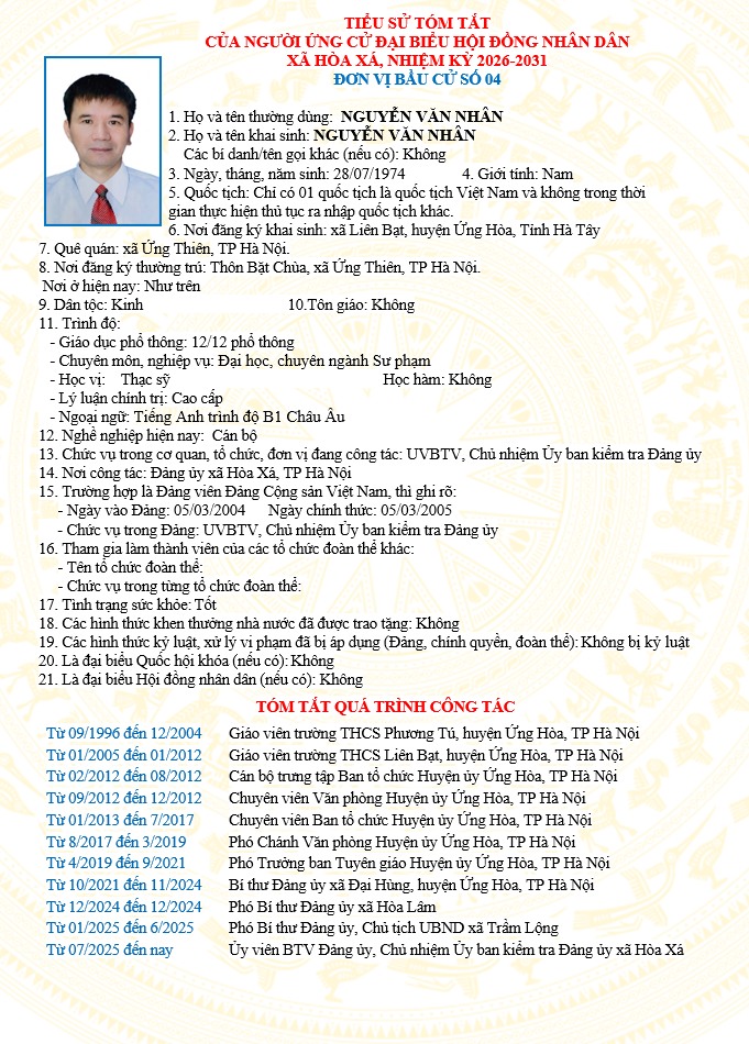 ĐƠN VỊ BẦU CỬ SỐ 04 XÃ HÒA XÁ 
DANH SÁCH CHÍNH THỨC NHỮNG NGƯỜI ỨNG CỬ ĐẠI BIỂU HỘI ĐỒNG NHÂN DÂN XÃ HÒA XÁ KHOÁ II, NHIỆM KỲ 2026-2031- Ảnh 6.