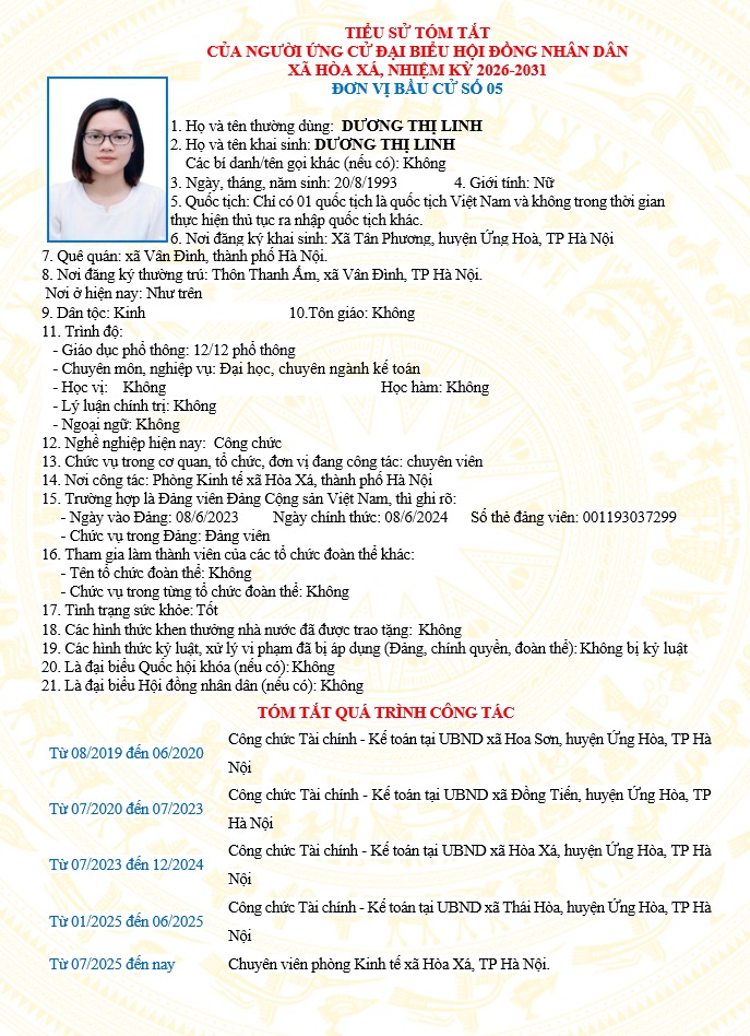 ĐƠN VỊ BẦU CỬ SỐ 05 XÃ HÒA XÁ 
DANH SÁCH CHÍNH THỨC NHỮNG NGƯỜI ỨNG CỬ ĐẠI BIỂU HỘI ĐỒNG NHÂN DÂN XÃ HÒA XÁ KHOÁ II, NHIỆM KỲ 2026-2031- Ảnh 6.