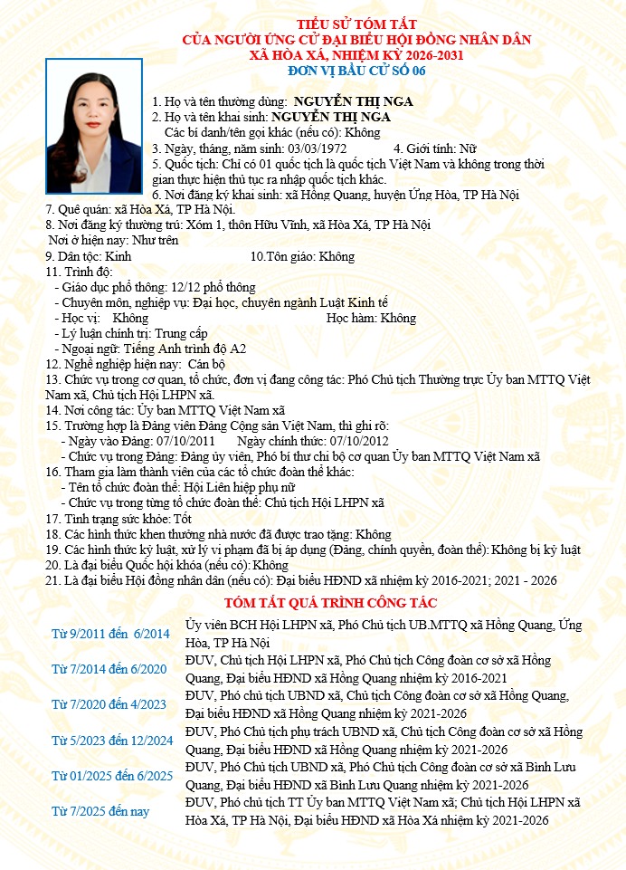 ĐƠN VỊ BẦU CỬ SỐ 06 XÃ HÒA XÁ 
DANH SÁCH CHÍNH THỨC NHỮNG NGƯỜI ỨNG CỬ ĐẠI BIỂU HỘI ĐỒNG NHÂN DÂN XÃ HÒA XÁ KHOÁ II, NHIỆM KỲ 2026-2031- Ảnh 6.