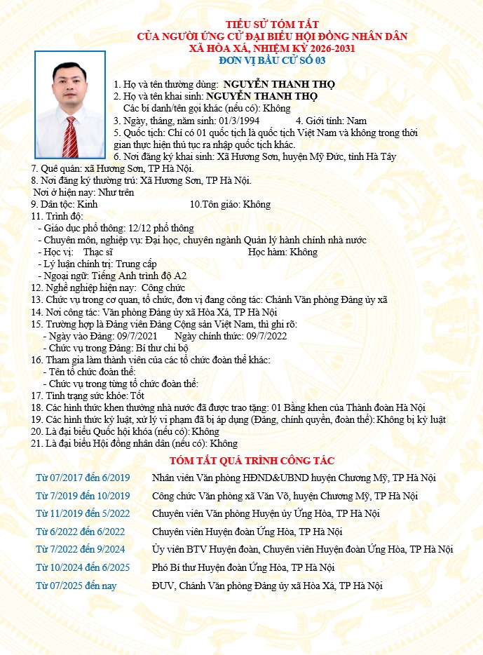 ĐƠN VỊ BẦU CỬ SỐ 03 XÃ HÒA XÁ 
DANH SÁCH CHÍNH THỨC NHỮNG NGƯỜI ỨNG CỬ ĐẠI BIỂU HỘI ĐỒNG NHÂN DÂN XÃ HÒA XÁ KHOÁ II, NHIỆM KỲ 2026-2031- Ảnh 7.