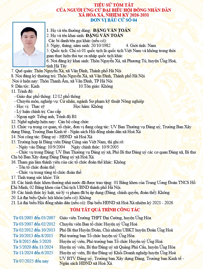 ĐƠN VỊ BẦU CỬ SỐ 04 XÃ HÒA XÁ 
DANH SÁCH CHÍNH THỨC NHỮNG NGƯỜI ỨNG CỬ ĐẠI BIỂU HỘI ĐỒNG NHÂN DÂN XÃ HÒA XÁ KHOÁ II, NHIỆM KỲ 2026-2031- Ảnh 7.