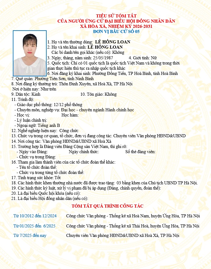 ĐƠN VỊ BẦU CỬ SỐ 05 XÃ HÒA XÁ 
DANH SÁCH CHÍNH THỨC NHỮNG NGƯỜI ỨNG CỬ ĐẠI BIỂU HỘI ĐỒNG NHÂN DÂN XÃ HÒA XÁ KHOÁ II, NHIỆM KỲ 2026-2031- Ảnh 7.