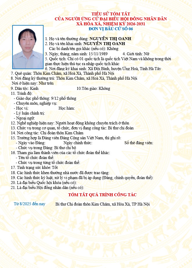 ĐƠN VỊ BẦU CỬ SỐ 06 XÃ HÒA XÁ 
DANH SÁCH CHÍNH THỨC NHỮNG NGƯỜI ỨNG CỬ ĐẠI BIỂU HỘI ĐỒNG NHÂN DÂN XÃ HÒA XÁ KHOÁ II, NHIỆM KỲ 2026-2031- Ảnh 7.