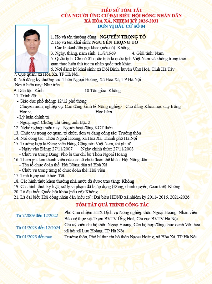 ĐƠN VỊ BẦU CỬ SỐ 04 XÃ HÒA XÁ 
DANH SÁCH CHÍNH THỨC NHỮNG NGƯỜI ỨNG CỬ ĐẠI BIỂU HỘI ĐỒNG NHÂN DÂN XÃ HÒA XÁ KHOÁ II, NHIỆM KỲ 2026-2031- Ảnh 8.