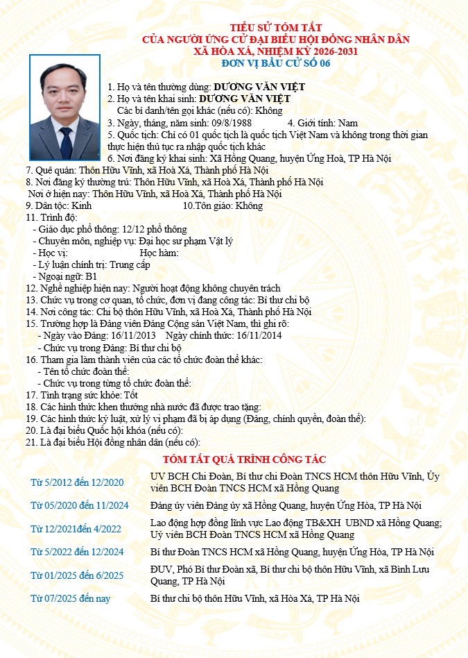 ĐƠN VỊ BẦU CỬ SỐ 06 XÃ HÒA XÁ 
DANH SÁCH CHÍNH THỨC NHỮNG NGƯỜI ỨNG CỬ ĐẠI BIỂU HỘI ĐỒNG NHÂN DÂN XÃ HÒA XÁ KHOÁ II, NHIỆM KỲ 2026-2031- Ảnh 8.