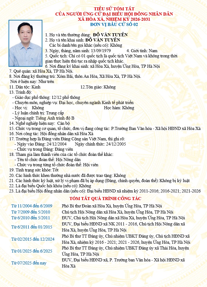 ĐƠN VỊ BẦU CỬ SỐ 02 XÃ HÒA XÁ 
DANH SÁCH CHÍNH THỨC NHỮNG NGƯỜI ỨNG CỬ ĐẠI BIỂU HỘI ĐỒNG NHÂN DÂN XÃ HÒA XÁ KHOÁ II, NHIỆM KỲ 2026-2031- Ảnh 9.