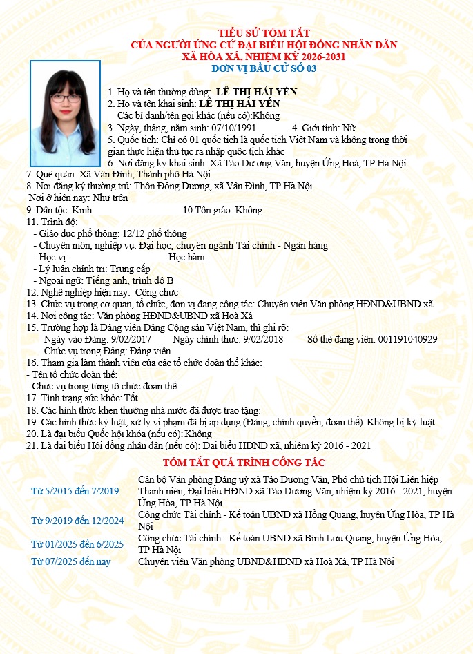 ĐƠN VỊ BẦU CỬ SỐ 03 XÃ HÒA XÁ 
DANH SÁCH CHÍNH THỨC NHỮNG NGƯỜI ỨNG CỬ ĐẠI BIỂU HỘI ĐỒNG NHÂN DÂN XÃ HÒA XÁ KHOÁ II, NHIỆM KỲ 2026-2031- Ảnh 9.