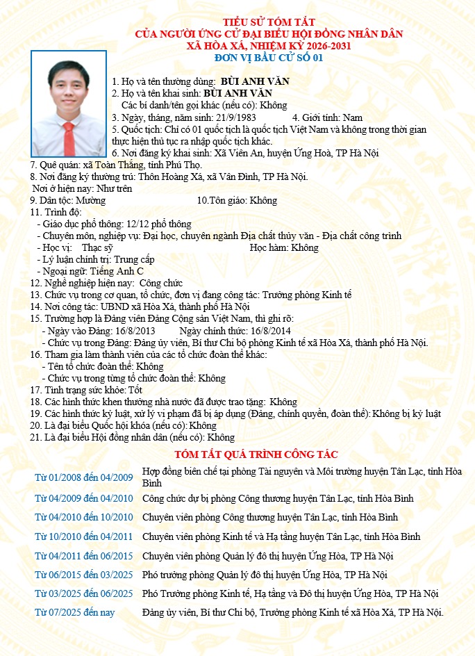ĐƠN VỊ BẦU CỬ SỐ 01 XÃ HÒA XÁ 
DANH SÁCH CHÍNH THỨC NHỮNG NGƯỜI ỨNG CỬ ĐẠI BIỂU HỘI ĐỒNG NHÂN DÂN XÃ HÒA XÁ KHOÁ II, NHIỆM KỲ 2026-2031- Ảnh 9.