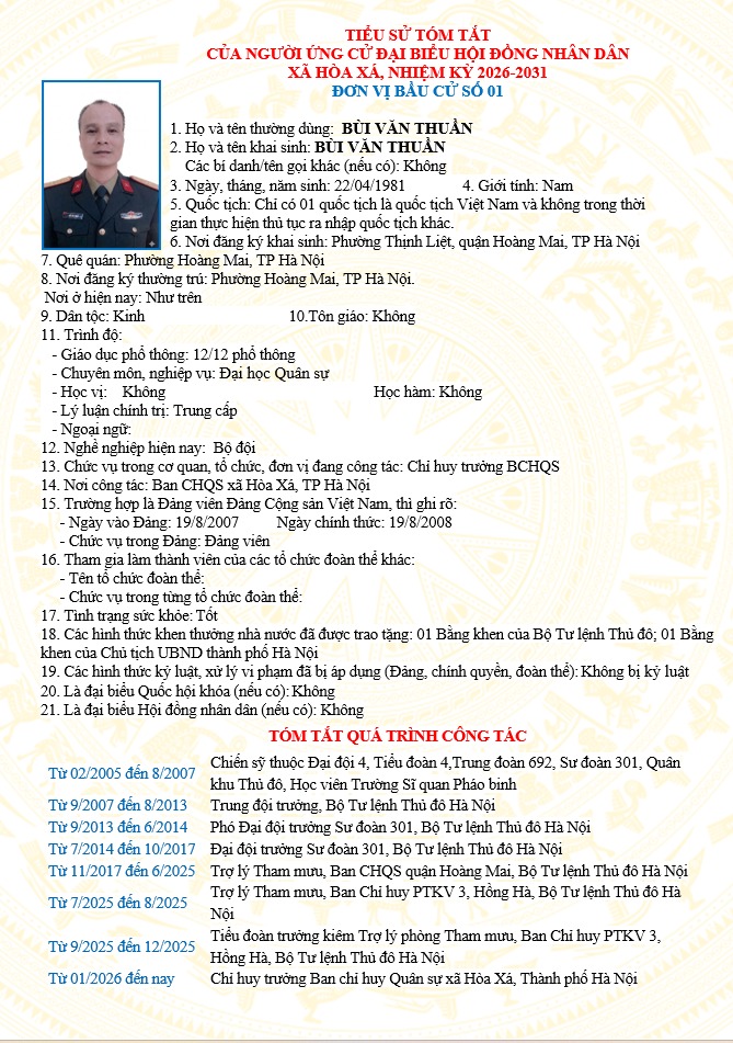 ĐƠN VỊ BẦU CỬ SỐ 01 XÃ HÒA XÁ 
DANH SÁCH CHÍNH THỨC NHỮNG NGƯỜI ỨNG CỬ ĐẠI BIỂU HỘI ĐỒNG NHÂN DÂN XÃ HÒA XÁ KHOÁ II, NHIỆM KỲ 2026-2031- Ảnh 8.