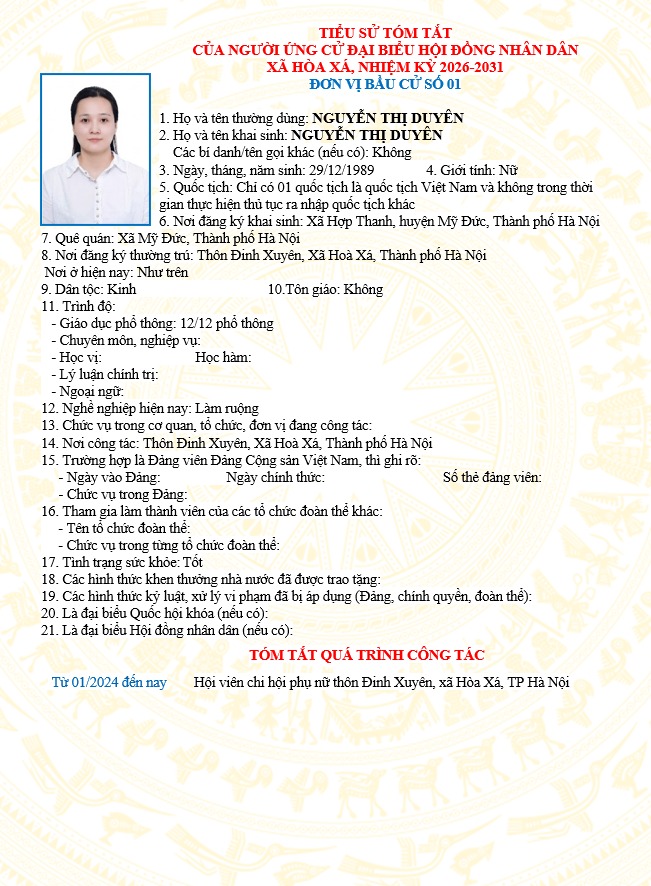 ĐƠN VỊ BẦU CỬ SỐ 01 XÃ HÒA XÁ 
DANH SÁCH CHÍNH THỨC NHỮNG NGƯỜI ỨNG CỬ ĐẠI BIỂU HỘI ĐỒNG NHÂN DÂN XÃ HÒA XÁ KHOÁ II, NHIỆM KỲ 2026-2031- Ảnh 3.