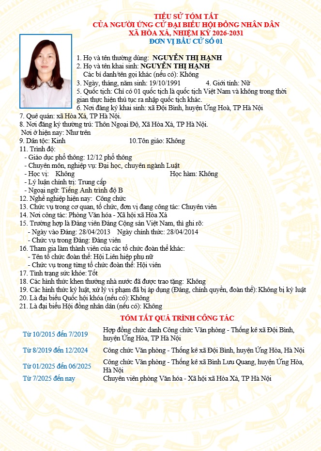 ĐƠN VỊ BẦU CỬ SỐ 01 XÃ HÒA XÁ 
DANH SÁCH CHÍNH THỨC NHỮNG NGƯỜI ỨNG CỬ ĐẠI BIỂU HỘI ĐỒNG NHÂN DÂN XÃ HÒA XÁ KHOÁ II, NHIỆM KỲ 2026-2031- Ảnh 4.