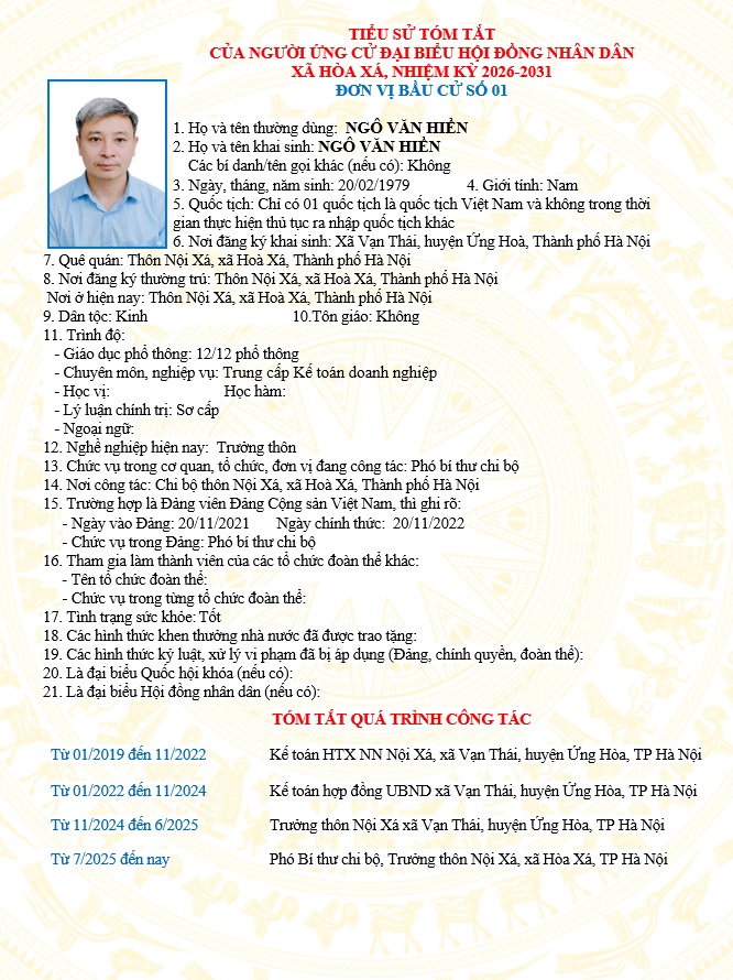ĐƠN VỊ BẦU CỬ SỐ 01 XÃ HÒA XÁ 
DANH SÁCH CHÍNH THỨC NHỮNG NGƯỜI ỨNG CỬ ĐẠI BIỂU HỘI ĐỒNG NHÂN DÂN XÃ HÒA XÁ KHOÁ II, NHIỆM KỲ 2026-2031- Ảnh 6.