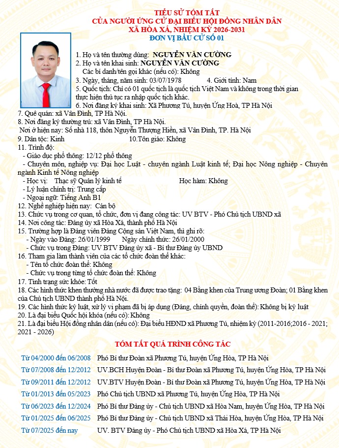 ĐƠN VỊ BẦU CỬ SỐ 01 XÃ HÒA XÁ 
DANH SÁCH CHÍNH THỨC NHỮNG NGƯỜI ỨNG CỬ ĐẠI BIỂU HỘI ĐỒNG NHÂN DÂN XÃ HÒA XÁ KHOÁ II, NHIỆM KỲ 2026-2031- Ảnh 2.