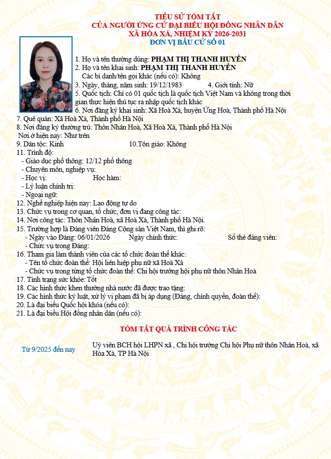 ĐƠN VỊ BẦU CỬ SỐ 01 XÃ HÒA XÁ 
DANH SÁCH CHÍNH THỨC NHỮNG NGƯỜI ỨNG CỬ ĐẠI BIỂU HỘI ĐỒNG NHÂN DÂN XÃ HÒA XÁ KHOÁ II, NHIỆM KỲ 2026-2031- Ảnh 5.