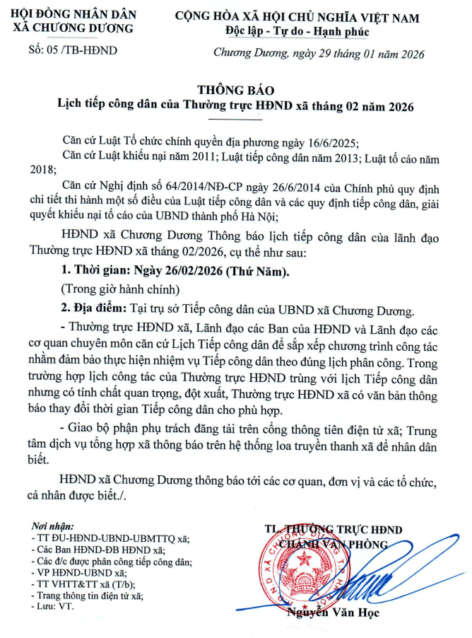THÔNG BÁO: Lịch tiếp công dân của Thường trực HĐND xã tháng 02 năm 2026”- Ảnh 1.