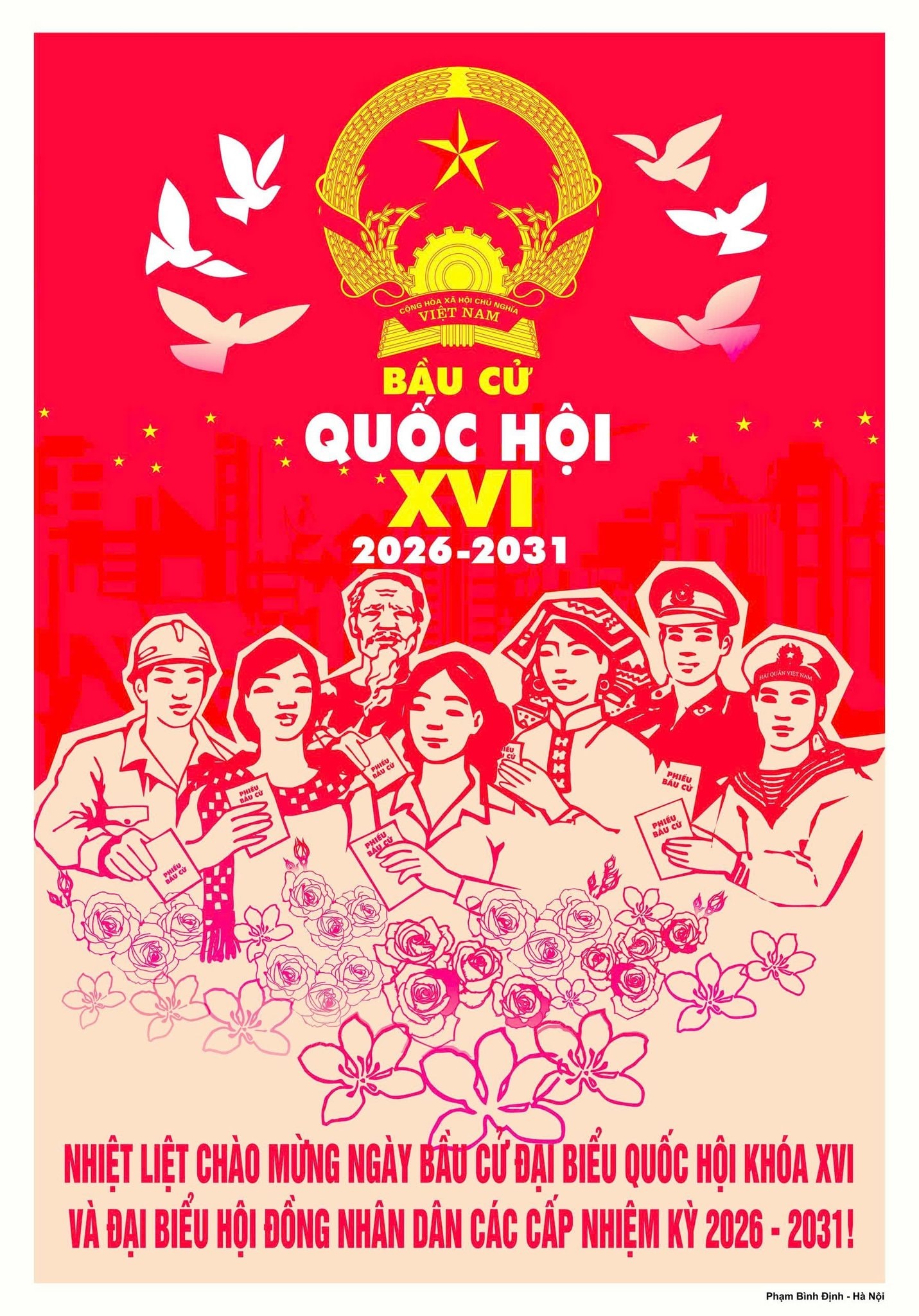 A red and white poster with people holding papers  AI-generated content may be incorrect.