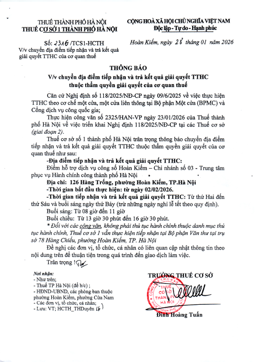 Thông báo chuyển địa điểm tiếp nhận và trả kết quả giải quyết TTHC thuộc thẩm quyền lĩnh vực thuế - Ảnh 1.
