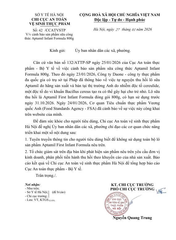 Thu hồi sản phẩm sữa công thức Aptamil Infant Formula 800g do nghi nhiễm độc tố- Ảnh 2.
