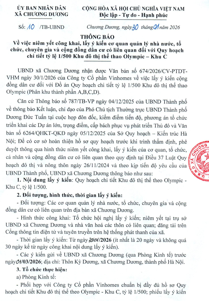 THÔNG BÁO Về việc niêm yết công khai, lấy ý kiến cơ quan quản lý nhà nước, tổ chức, chuyên gia và cộng đồng dân cư có liên quan đối với Quy hoạch chi tiết tỷ lệ 1/500 Khu đô thị thể thao Olympic – Khu C- Ảnh 1.