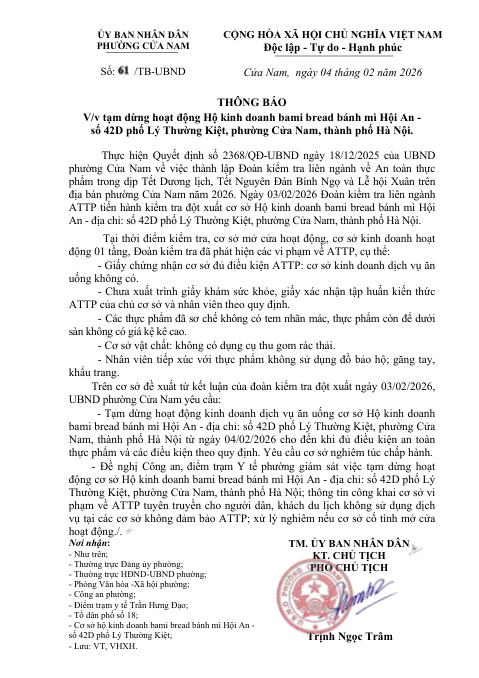 Thông báo tạm dừng hoạt động Hộ kinh doanh Bami bread bánh mì Hội An - số 42D phố Lý Thường Kiệt, phường Cửa Nam, Hà Nội- Ảnh 1.