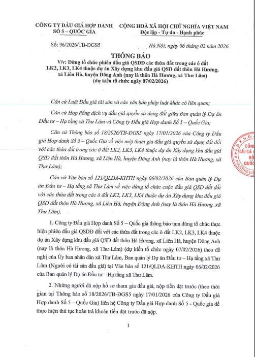 Thông báo về việc dừng tổ chức phiên đấu giá QSD đất các thửa đất trong các ô đất LK2, LK3, LK4 thuộc dự án Xây dựng khu đấu giá QSD đất thôn Hà Hương, xã Liên Hà, huyện Đông Anh (nay là thôn Hà Hương, xã Thư Lâm)
- Ảnh 1.
