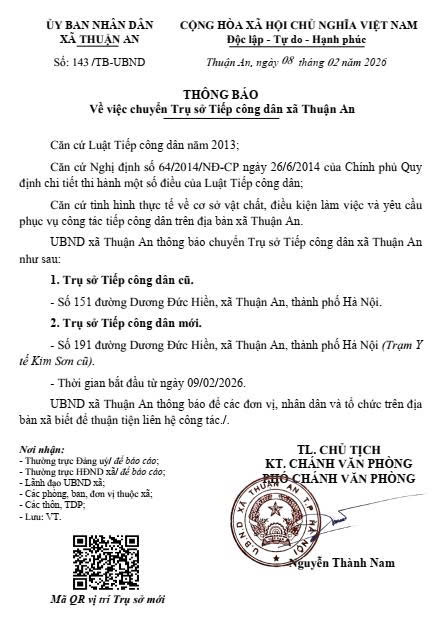 Thông báo chuyển Trụ sở Tiếp công dân xã Thuận An- Ảnh 1.