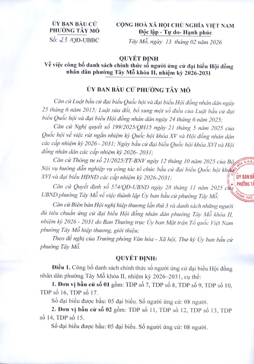 Phường Tây Mỗ công bố danh sách chính thức số người ứng cử đại biểu Hội đồng nhân dân phường Tây Mỗ khóa II, nhiệm kỳ 2026-2031- Ảnh 1.