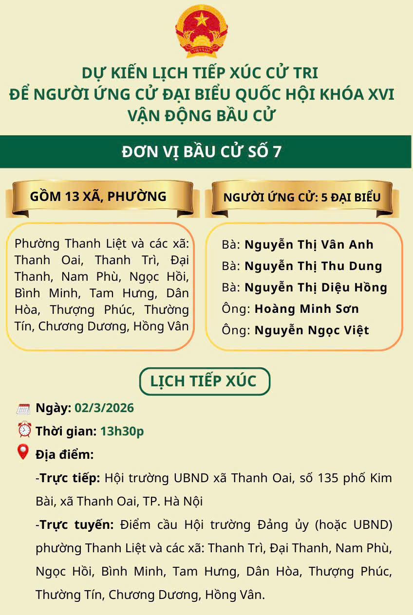 Lịch tiếp xúc cử tri để người ứng cử đại biểu Quốc hội khóa XVI vận động bầu cử - Đơn vị bầu cử số 7- Ảnh 1.