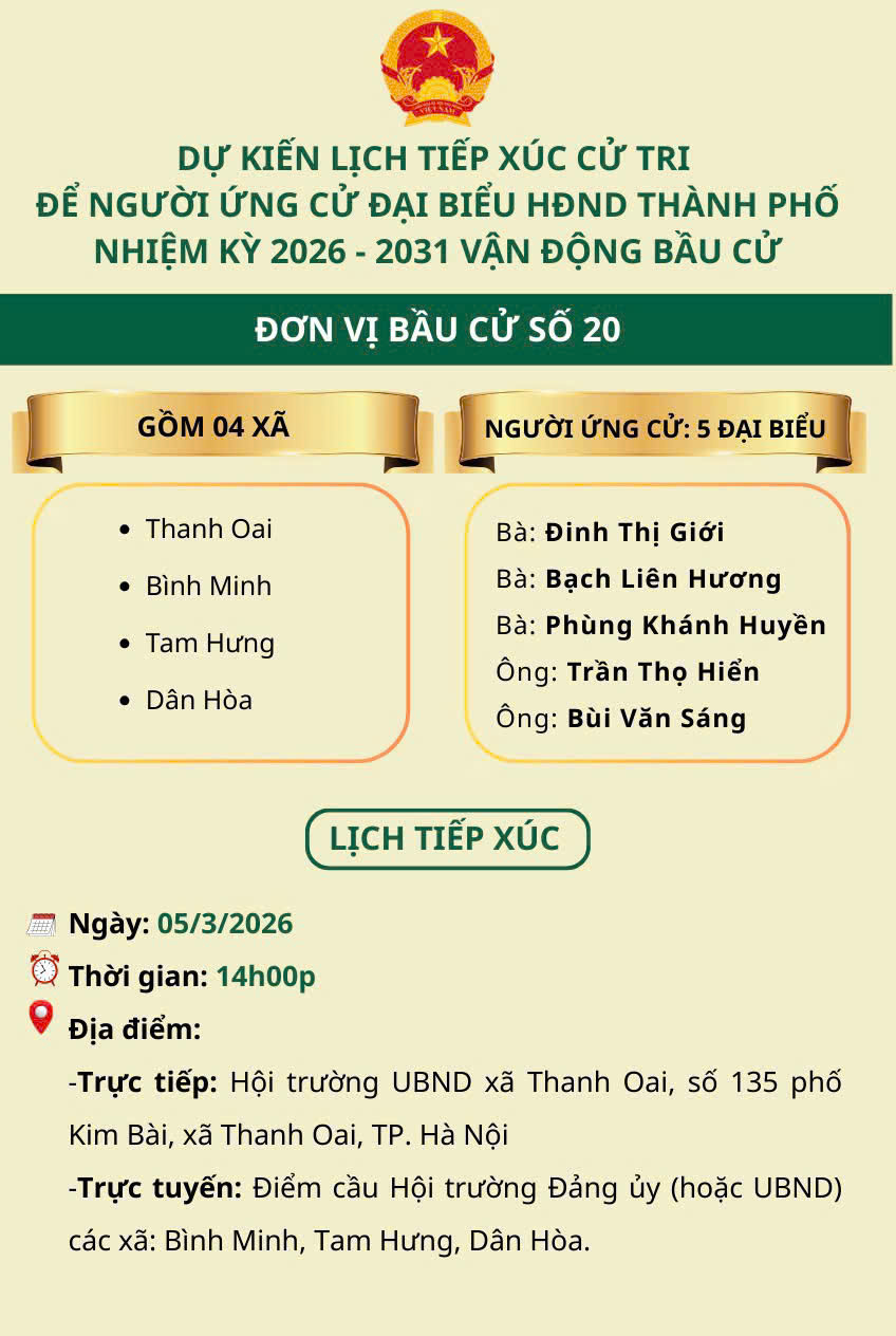 Lịch tiếp xúc cử tri để người ứng cử đại biểu HĐND thành phố Hà Nội vận động bầu cử - Đơn vị bầu cử số 20- Ảnh 1.