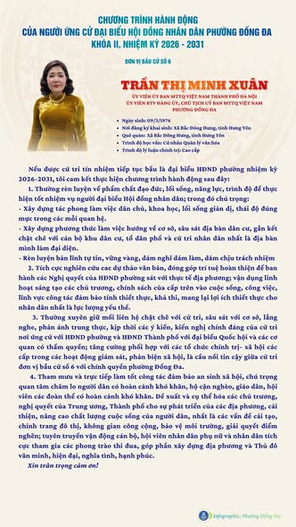 Chương trình hành động và tiểu sử tóm tắt của đồng chí Trần Thị Minh Xuân ứng cử  đại biểu HĐND phường Đống Đa nhiệm kỳ 2026-2031- Ảnh 1.