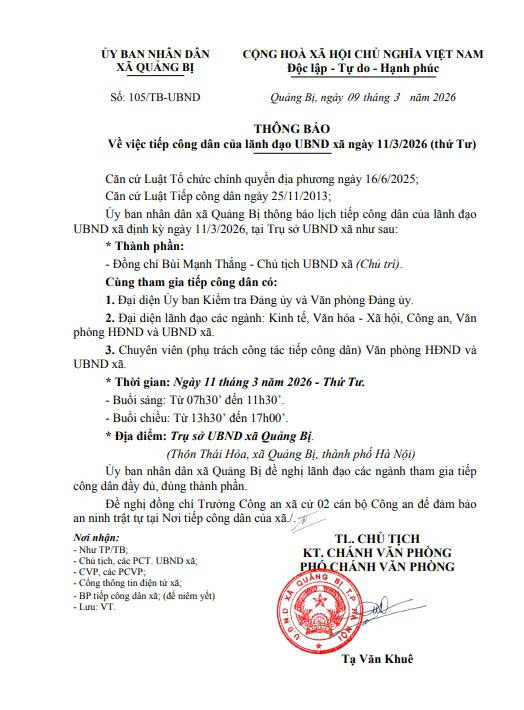 Lịch tiếp công dân của Lãnh đạo UBND xã ngày 11/3/2026 (Thứ Tư)- Ảnh 1.