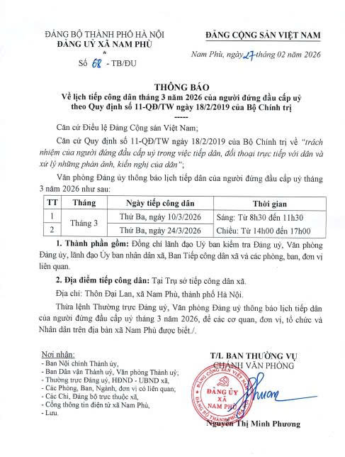Thông báo số 68-TB/ĐU ngày 27/02/2026 của Đảng uỷ xã Nam Phù- Ảnh 1.