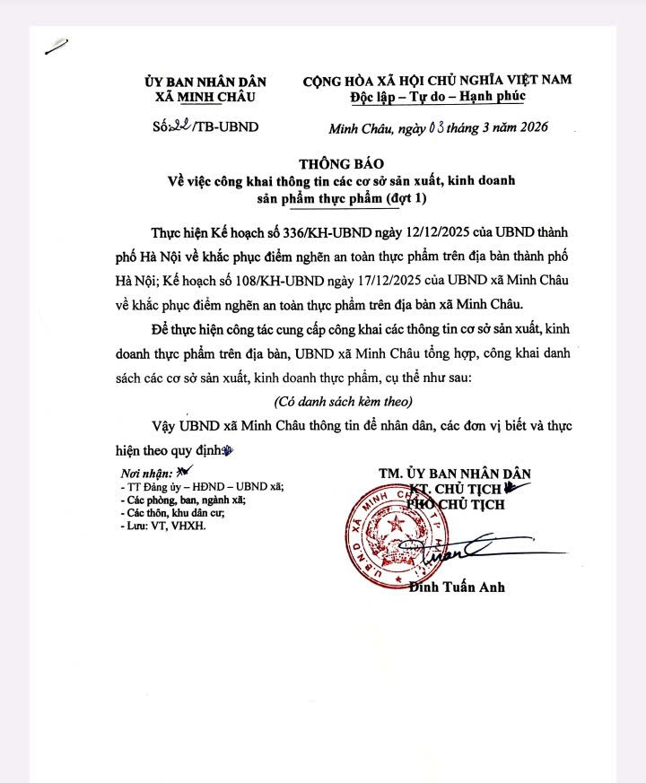 Thông báo của UBND xã Minh Châu về việc công khai các cơ sở các cơ sở sản xuất, kinh doanh sản phẩm thực phẩm (đợt 1)- Ảnh 1.