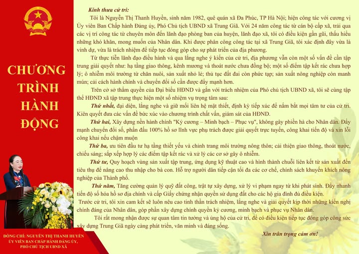 CHƯƠNG TRÌNH HÀNH ĐỘNG CỦA ĐỒNG CHÍ NGUYỄN THỊ THANH HUYỀN - PHÓ CHỦ TỊCH UBND XÃ TRUNG GIÃ- Ảnh 1.