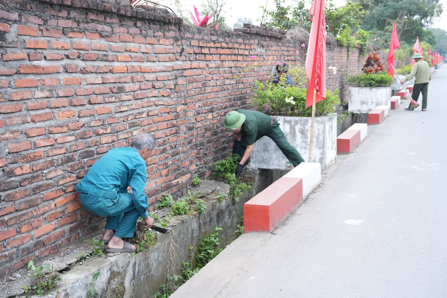 A group of men working on a wall  AI-generated content may be incorrect.