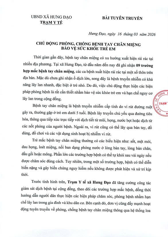 CHỦ ĐỘNG PHÒNG, CHÓNG BỆNH TAY CHÂN MIỆNG BẢO VỆ SỨC KHỎE TRẺ EM- Ảnh 1.