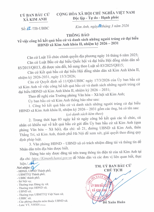 Thông báo về việc công bố kết quả bầu cử và danh sách những người trúng cử đại biểu HĐND xã Kim Anh khoá II, nhiệm kỳ 2026-2031- Ảnh 1.