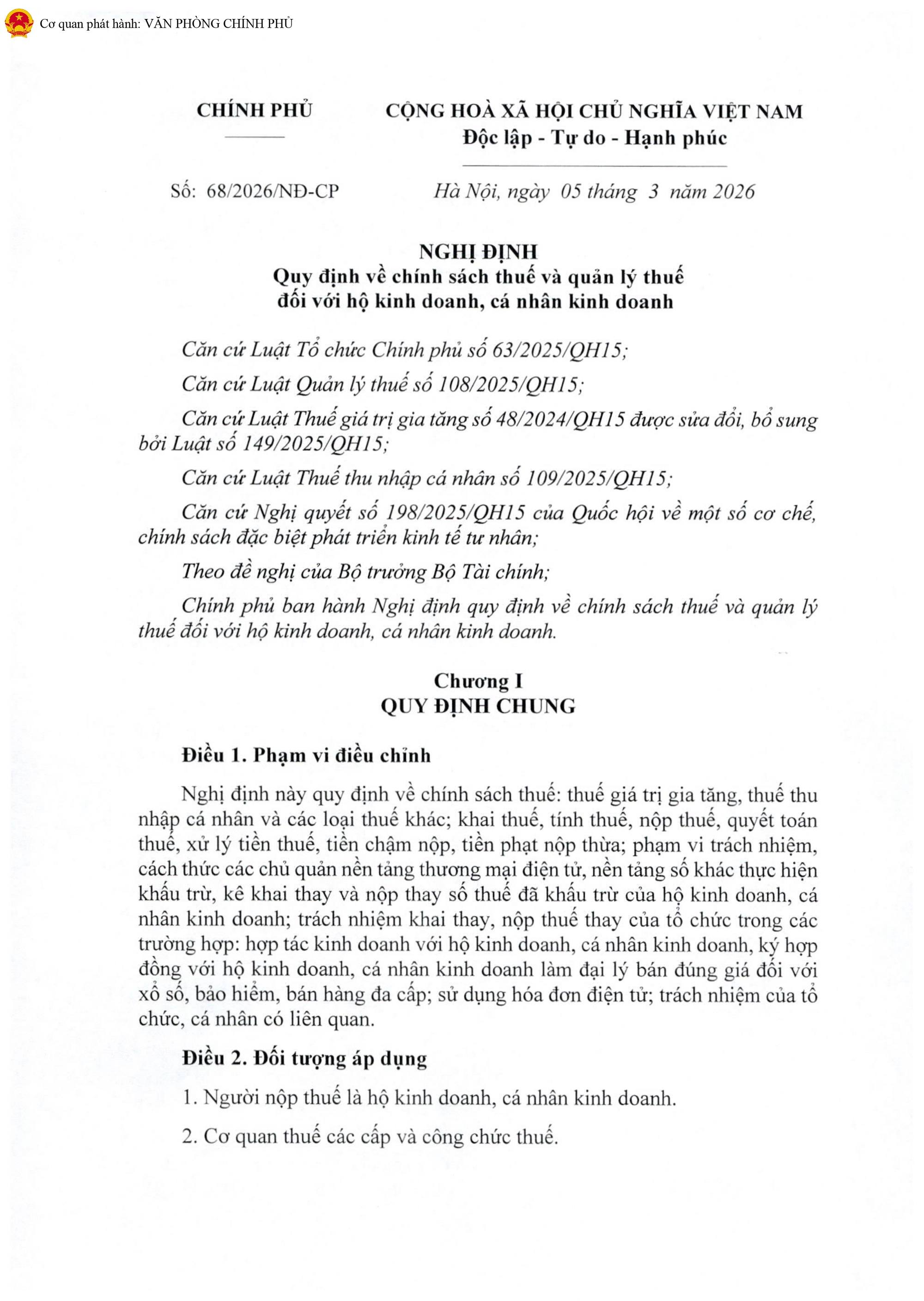 TOÀN VĂN: Nghị định 68/2026/NĐ-CP quy định chính sách thuế, quản lý thuế với hộ kinh doanh- Ảnh 1.