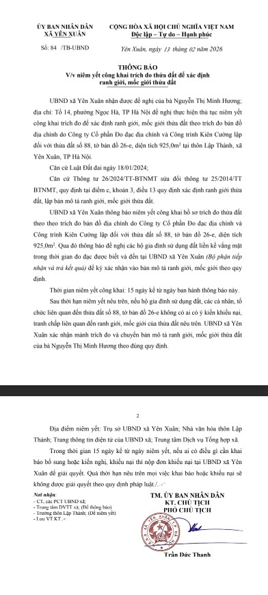UBND xã Yên Xuân niêm yết công khai trích đo thửa đất để xác định ranh giới, mốc giới thửa đất đối với thửa đất số 87, tờ bản đồ 26-e, diện tích 916,9m2 tại thôn Lập Thành, xã Yên Xuân, TP Hà Nội- Ảnh 1.