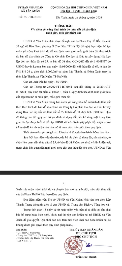 UBND xã Yên Xuân niêm yết công khai trích đo thửa đất để xác định ranh giới, mốc giới đối với thửa đất số 69, tờ bản đồ F48-116-26-c, diện tích 2.000,0m2 tại xóm Lập Thành, xã Đông Xuân (thôn Lập Thành, xã Yên Xuân, TP Hà Nội).- Ảnh 1.