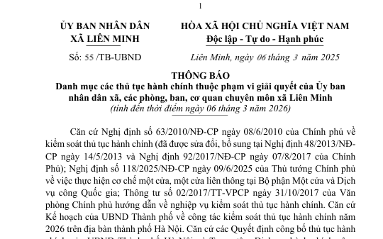 THÔNG BÁO Danh mục các thủ tục hành chính thuộc phạm vi giải quyết của Ủy ban nhân dân xã, các phòng, ban, cơ quan chuyên môn xã Liên Minh (tính đến thời điểm ngày 06 tháng 3 năm 2026)