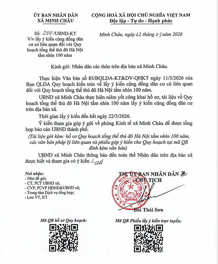 UBND xã Minh Châu thông báo về việc lấy ý kiến cộng đồng dân cư có liên quan đối với Quy hoạch tổng thể thủ đô Hà Nội tầm nhìn 100 năm.- Ảnh 1.